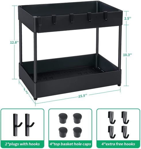 Under Sink Organizer and Storage - 2 Tier Bathroom Organizer - Multi-purpose Under The Sink Organizer - Countertop Storage Shelf Holder with 6 Hooks - Kitchen Spice Rack - Under Sink Storage for Bathroom Kitchen, Black