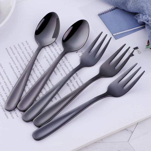 Color ME 5.4 inch Black Coffee Spoons and Cake Fork Set, 10 pcs Stainless Steel Teaspoons Dessert Forks Set