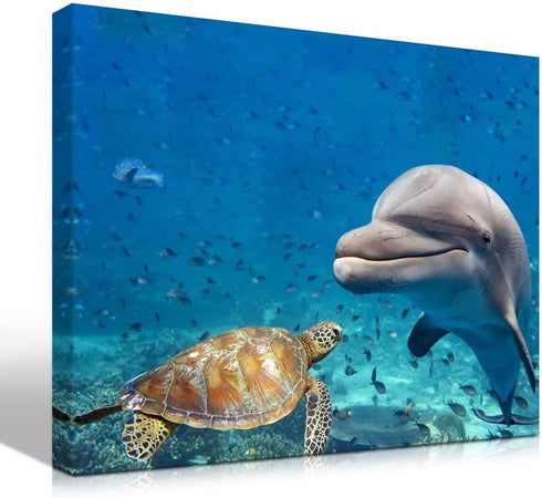 Purple Verbena Art Canvas Print Painting of Sea Turtle Dolphin and Fish Picture Wall Art Underwater World Animal Seascape Photo Artwork Gift for Living Room Bedroom Home Decor-Framed 12x16 Inches