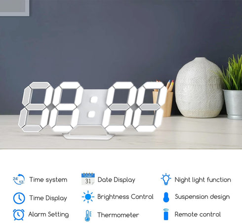 3D LED Digital Wall Clock Large Night Light Alarm Clock Snooze for Office Bedroom Living Room 12/24 Time/Date/Temperature Display Brightness Adjustable White 9.7 inch with Remote Control