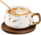 TILANY Tea Cup and Wooden Saucer Set - Luxury 10 Oz Ceramic Latte Mug with Golden Spoon & Coffee Saucer Fancy Gold Planted Handle Coffee Cups Modern Teacup Set for Women, Men (White)