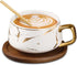 TILANY Tea Cup and Wooden Saucer Set - Luxury 10 Oz Ceramic Latte Mug with Golden Spoon & Coffee Saucer Fancy Gold Planted Handle Coffee Cups Modern Teacup Set for Women, Men (White)