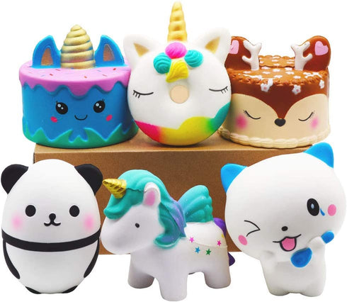 YOAUSHY 6 Pcs Squishies Toy Jumbo Slow Rising Unicorn Horse,Cake,Unicorn Donut,Panda,Spoon Cat Set for Kids Party Favors Stress Relief Toys
