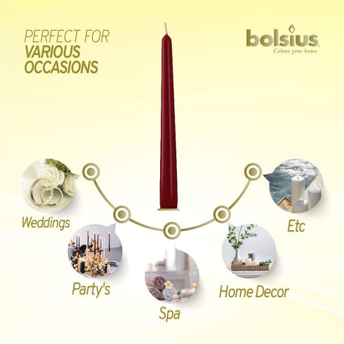 BOLSIUS 10 Pack Unscented 10 Inch Dark Red Household Taper Candles - 7.5 Hour Burning Time - Premium European Quality - Smokeless Dripless Taper Candlesticks - Perfect for Church, Party, and Everyday
