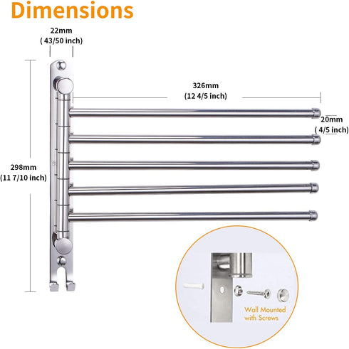 Towel Rack, Towel Bar with 5-Arm Bathroom Towel Shelf Swivel Wall-Mounted Towel Bar Holds for Bathroom, Pool, Kitchen (5 Arms Type)