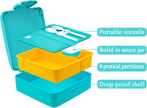 MINCOCO Kids Bento Lunch Box - Lunch Container with Sauce Jar, Spoon&Fork 4-Compartment, On-the-Go Meal and Snack Packing - Leak Proof, Durable, Microwave Safe (Sky Blue)