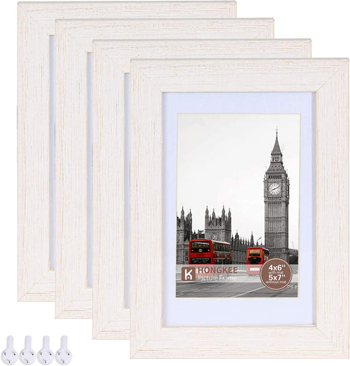 Hongkee 5x7 Picture Frame,Made of Solid Wood and High Definition Glass,Set of 4 Washed White(HK012015-SD5X7-WW(4PK))