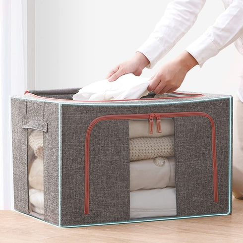 TOUCH-RICH Storage Bins Foldable with Window & Carry Handles Linen Fabric Collapsible Storage Boxes Organizer Set Stackable Containers for Home Bedroom Office Closet Nursery (Gray)