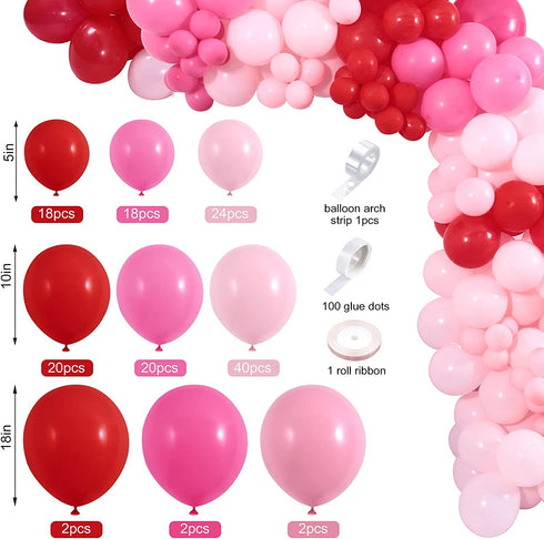 Winrayk 150Pcs Valentine's Day Balloon Garland Arch Kit Pink Red Rose Red Balloons 18" 10" 5" for Women Girls Valentine's Day Mother's Day Wedding Engagement Anniversary Party Decoration Supplies