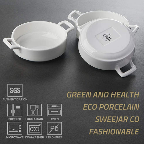 SWEEJAR Porcelain 10 Ounce Ramekins, Round Double Handle Souffle Dishes for Baking, Creme Brulee, Ice Cream, Pudding - Set of 6(White)