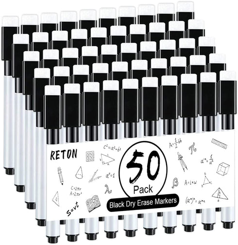 RETON 50 Pcs Rewritable Magnetic Dry Wipe White Board Markers Pens with Eraser Cap, 4.4 in Mini Dry Erase Marker with Fine Tip for Classroom, Office, Hospital, Home and Factory (50 Pcs, Black)