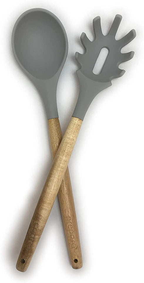 Prepara Acacia and Silicone Spaghetti and Solid Spoon Set Cooking Utensils, set of 2, Pewter Grey