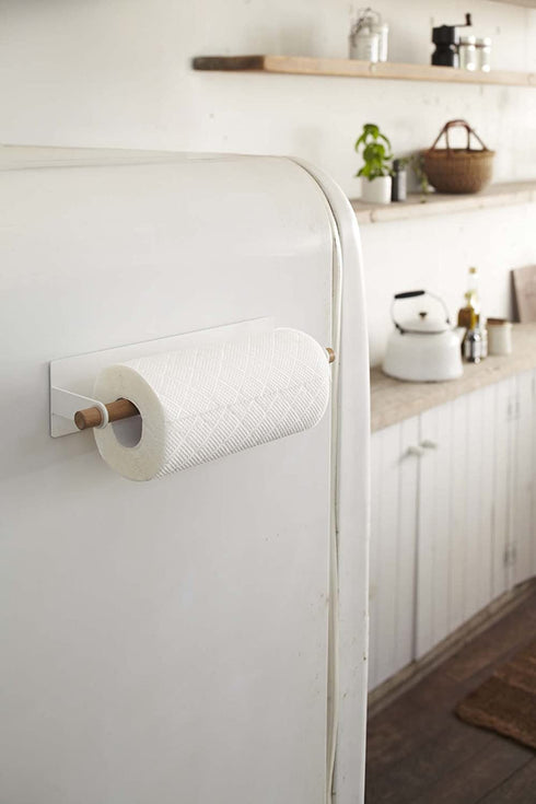Yamazaki Home Hanger Magnetic Paper Kitchen Storage | Steel + Wood | Small | Towel Holder, White