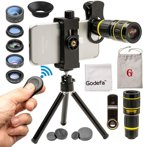 Godefa Cell Phone Camera Lens with Tripod+ Shutter Remote,6 in 1 18x Telephoto Zoom Lens/Wide Angle/Macro/Fisheye/Kaleidoscope/CPL, Clip-On lense Compatible for iPhone X 8 7 6s Plus, Samsung and More
