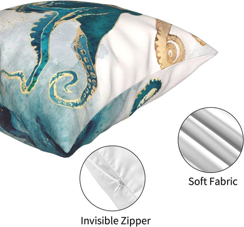 AOOPUC Marine Octopus Nautical Cushion Cover Throw Pillow Covers Set of 2 Outdoor Sofa Decor Squid Sea Animals Teal Golden Pillow Cases Cotton 18 X 18 Inches Square for Couch Sofa Bedroom Chair