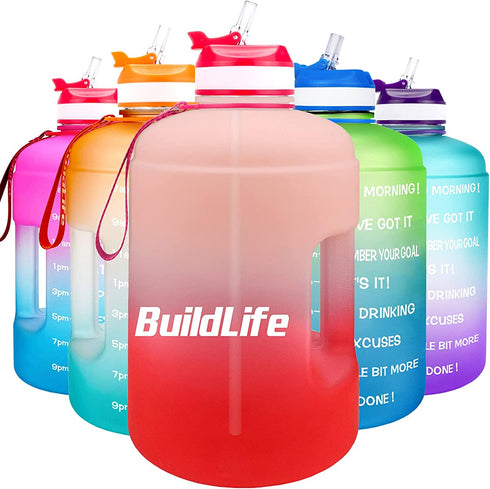 BuildLife Gallon Motivational Water Bottle Wide Mouth with Straw & Time Marked to Drink More Daily - BPA Free Reusable Gym Sports Outdoor Large 128OZ/73OZ Capacity