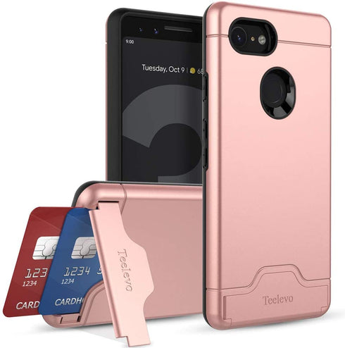 Teelevo Wallet Case for Google Pixel 3, Dual Layer Case with Card Slot Holder and Integrated Kickstand for Google Pixel 3 - Rose Gold