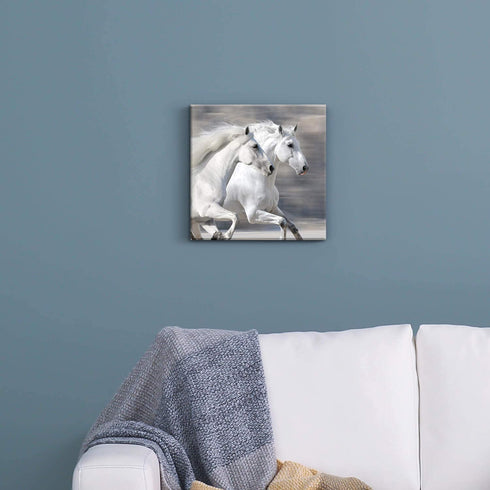 Hardy Gallery White Horse Picture Wall Art: Running Animal Artwork Painting Print on Wrapped Canvas for Bedroom (12'' x 12'')