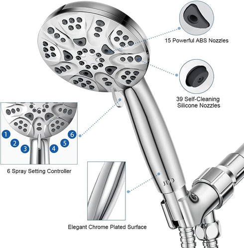 JDO High Pressure Handheld Shower Head, 6 Spray Settings Shower Head with Handheld, 4.3" High Flow Hand Held Shower head Set with Stainless Steel Hose and Adjustable Bracket (Chrome)