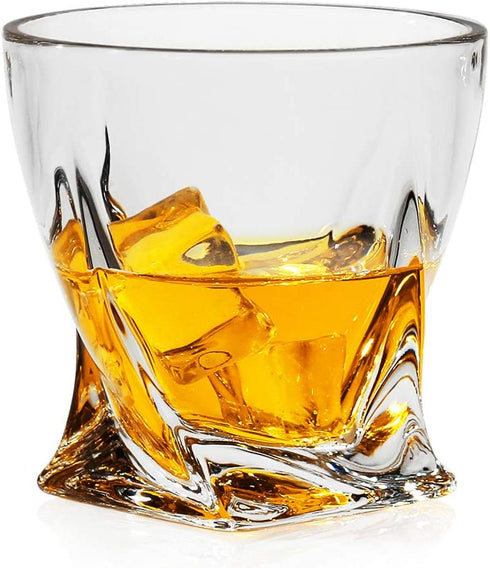 LUXU Whiskey Glasses(Set of 4)-10 oz Twisted Scotch Glasses,Premium Old Fashioned Glasses,Clear Crystal Bourbon Rock Glasses,Large Bar Glasses,Unique Glassware Tumblers for Cocktails