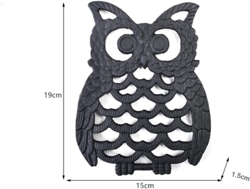 Cast Iron Trivet for Hot Dishes, Lovely Owl Pattern Black Trivet, Hot Pot Holder Pads with Rubber Pegs, Decorative for Kitchen & Dining Table