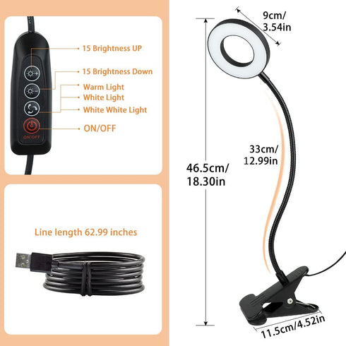 DLLT Dimmable Clip on Light, 48 LED USB Book Reading Light, Color Changeable Night Light Clip on for Desk, Bed Headboard, Makeup Mirror, Dorm Room, Computer, Piano Lighting, 15 Brightness (Black)