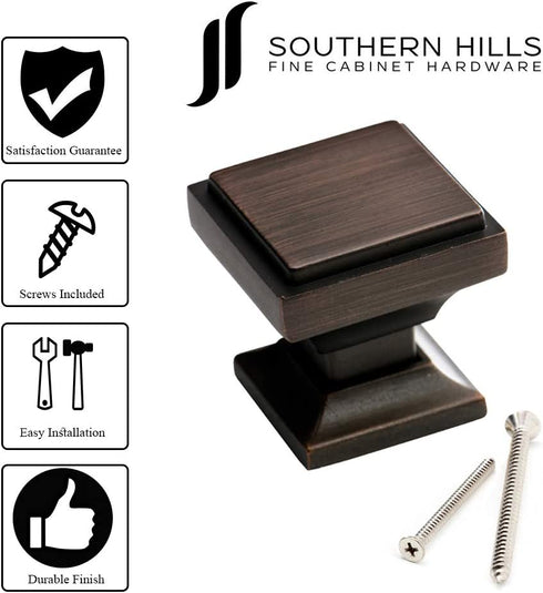 Southern Hills Oil Rubbed Bronze Cabinet Knobs - Pack of 5 - Square Kitchen Drawer Pulls - Venetian Bronze Cabinet Hardware - Dresser Knobs - Drawer Knobs - Cupboard Handles - SHKM002-ORB-5