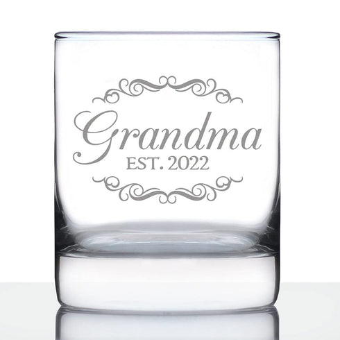 Grandma Est 2022 - New Grandmother Whiskey Rocks Glass Gift for First Time Grandparents - Decorative 10.25 Oz Glasses