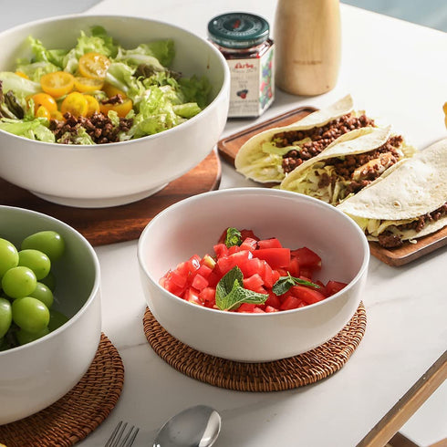 SWEEJAR Large Salad Serving Bowl, 8" Ceramic Bowls for Taco salad, Pasta, Pho, Soup, 2 Quart Mixing Bowl for Family Dinner, Daily Use, Set of Two (White)