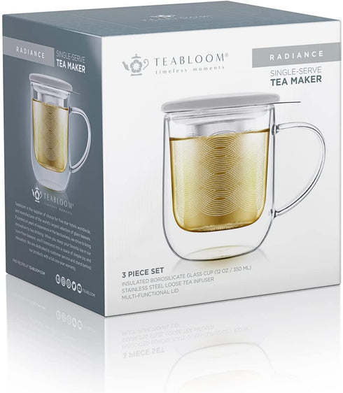 Teabloom Tea-For-One Steeping Mug Insulated Double Wall Glass Mug (12 oz), Stainless Steel Infuser, Porcelain Lid/Coaster Great For Brewing Loose Leaf Tea