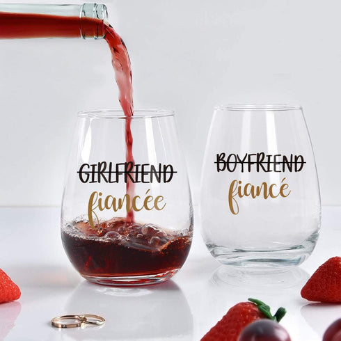 Modwnfy Boyfriend and Girlfriend Wine Glasses, Set of 2 Fiancee Stemless Wine Glasses 15Oz Engagement Gifts for Couples Fiancee Fiance Her