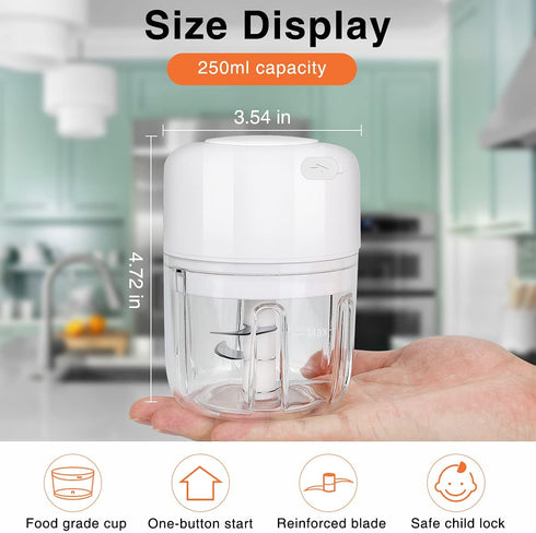 FUHUIM Mini Electric Garlic Chopper, Fits for Cutter Vegetables/Meat Grinder/Garlic Chooper/Fruits Masher/Salad Grinder, Great Kitchen Blender Gadgets(250ML)