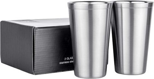 Pint Glasses Set of 2 Stainless Steel , Double Wall 16 oz Stainless Steel Tumbler, Stainless Steel Cups for Beer,Cocktails, Coffee, Tea,Smoothies,Gift for Kids and Adults