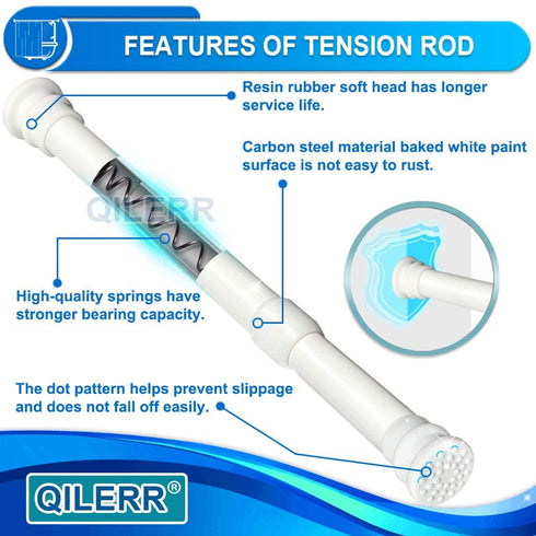 QILERR Spring Tension Rod 33-59 Inches Adjustable Tension Curtain Rod Easy to Install Extension Curtain Rod for Windows, Bathroom, Kitchen, Doorway, White