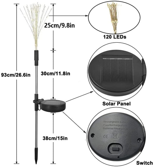 HuiDao 2 Pack Solar Lights Outdoor Decorative Firework Lights Waterproof Garden Stake Lights 2 Modes 120 LEDs Firework String Lights for Walkway Patio Lawn Backyard Party Decorations