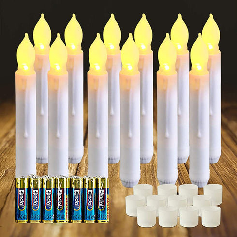 Raycare 12 PCS Battery Operated LED Taper Candles and 24 PCS Batteries (Last up to 800 Hours), Flameless Taper Candles with Flickering Warm White Light