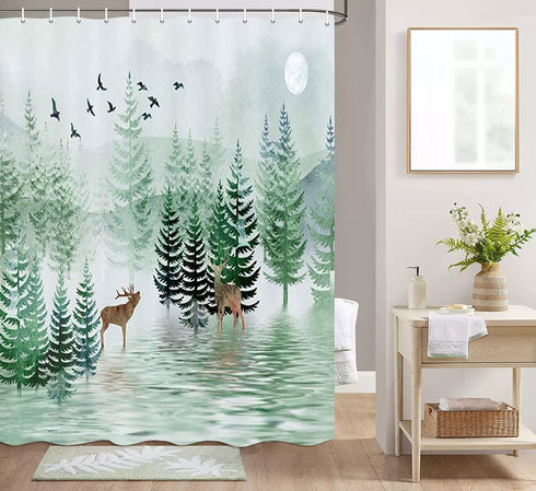 Nature Forest Landscape Safari Moose Shower Curtain Set, Polyester Fabric Rustic Watercolor Pine Tree Bird Forest with Wildlife Deer in Mountain Bathroom Curtains,Bath Curtain Sets with Hooks, 70X70in
