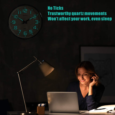 Plumeet Night Light Wall Clocks - 13 Inches Clock with Silent Non-Ticking Glowing Function - Great for Home Kitchen Bedroom - Large Number Battery Operated (Blue Light)