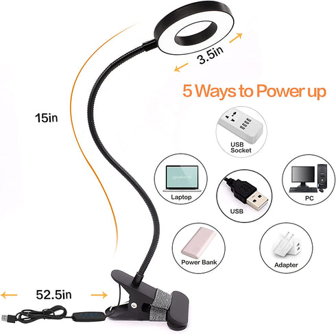 Desk Lamp Clip on Light, Desk Light 48 LED Lamp with 3 Lighting Modes, Dimmable 10 Brightness Levels, 360° Adjustable Gooseneck, Eye-Caring Small Lamp for Bed Headboard Reading Makeup Eyebrow (Black)