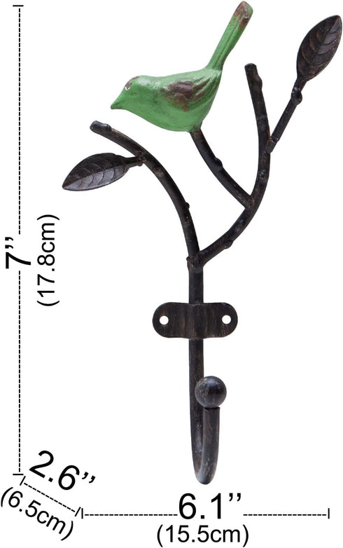 SOFFEE DESIGN 2 Packs Coat Hooks Wall-Mounted Hanging Metal Rack, Heavy Duty Tree Branch & Birds Key Holder, Vintage Farmhouse Coat Hooks for Towels, Hats, Scarves - Green