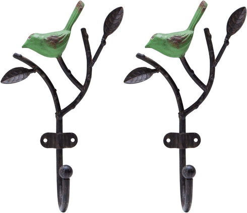 SOFFEE DESIGN 2 Packs Coat Hooks Wall-Mounted Hanging Metal Rack, Heavy Duty Tree Branch & Birds Key Holder, Vintage Farmhouse Coat Hooks for Towels, Hats, Scarves - Green