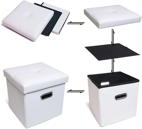 YQYS Faux Leather Cube Ottoman with Hole Handles,Folding Storage Ottomans with Removable Lid Cover, Modern Footrest Stool, Padded Seat for Living Room, Bedroom and Kids Room 11.8"x11.8"x11.8" - White