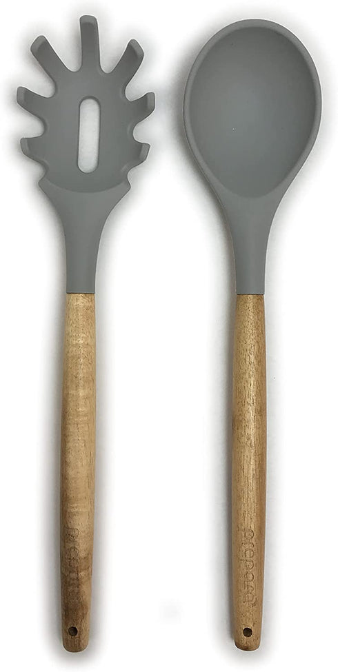 Prepara Acacia and Silicone Spaghetti and Solid Spoon Set Cooking Utensils, set of 2, Pewter Grey