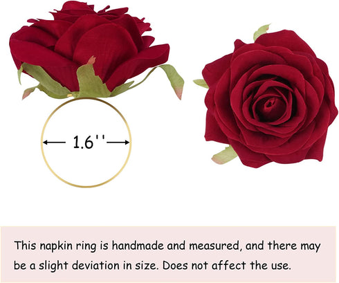 Valentine's Day Rose Napkin Rings Set of 6, Artificial Rose Napkin Rings with Gold Metal Holder Design for Wedding Party Holiday Banquet Anniversary Dining Table Settings Decor (Red Rose)