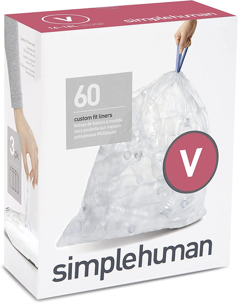 simplehuman Code V Custom Fit Drawstring Trash Bags in Dispenser Packs, 16-18 Liter / 4.2-4.8 Gallon, Clear 60 Liners
