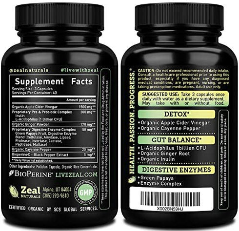 Organic Apple Cider Vinegar Capsules + Digestive Enzymes & Probiotics (1500mg | 120 Capsules) Raw Apple Cider Vinegar Pills & Fiber Supplement for Gut Health, Immune Support, Digestion & Detox Cleanse
