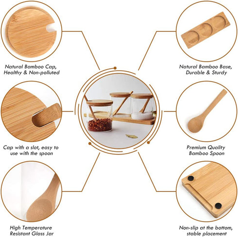 Outamateur Condiment Pots Seasoning Box Set Glass Condiment Canisters Pots with Bamboo Lids Spoon and Tray for Kitchen Coffee Bar Home(Set-of-3PCS)
