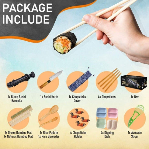 Sushi Making Kit - Bamboo Sushi Mat, All In One Sushi Bazooka Maker with Bamboo Mats, Paddle, Spreader, Sushi Knife, Chopsticks Holder, Cotton Bag with BONUS chopsticks set and 4 PLATES¦