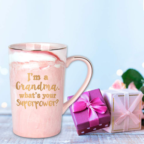 Gifts for Grandma - I'm a Grandma, What's Your SuperPower - Funny Birthday Gifts for Grandma - Grandma Coffee Mug - Grandma Gifts - 14Oz Pink Marble Mug with Gift Box Spoon Coaster