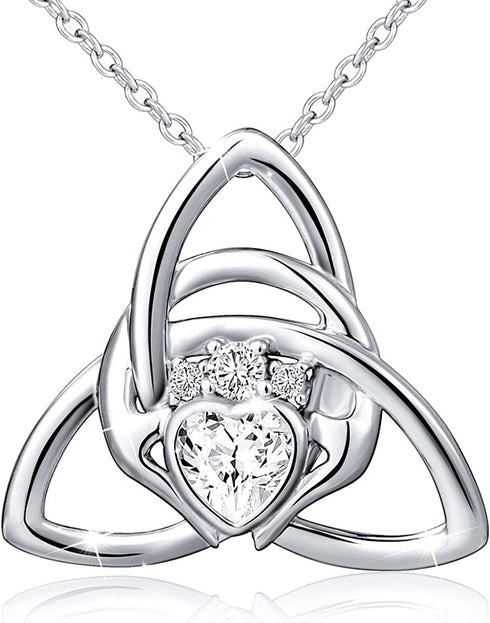 FLYOW 925 Sterling Silver Good Luck Irish Claddagh Celtic Knot Love Heart Pendant Necklace for Women Ladies Teen Girls Valentine's Day Gift, 18 Inch Rolo Chain